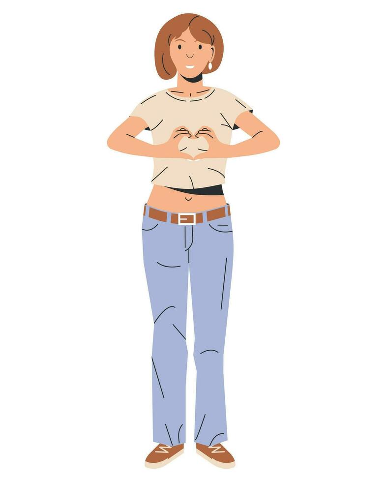 Woman Show Love Hand Gesture. Smiling Girl Crosses Two Hands in the Shape of Heart. Hand Fold Into Heart Symbol by Female Character in Casual Outfit. Woman in Jeans and Top. Flat Vector Illustration