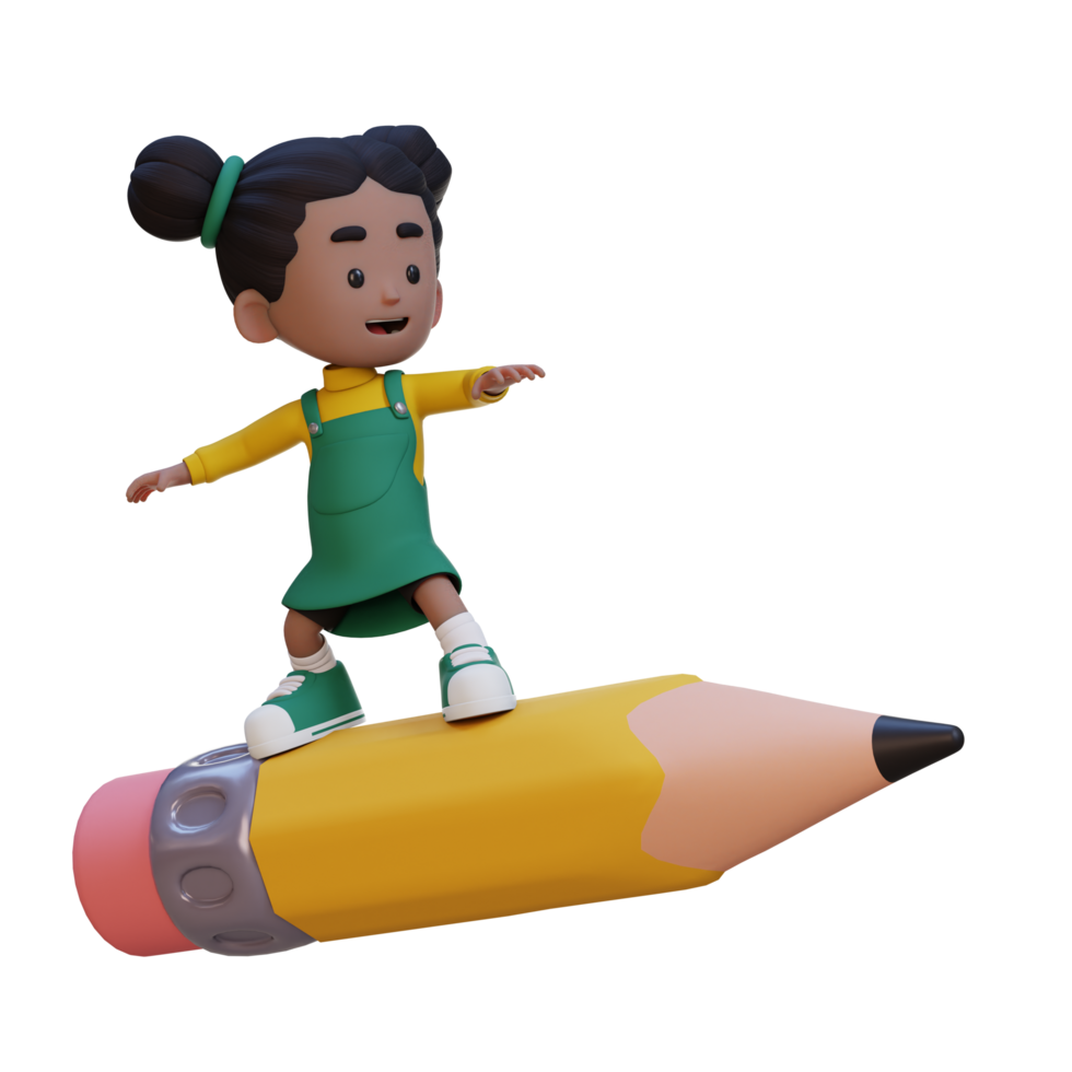 3D girl character standing riding a pencil png
