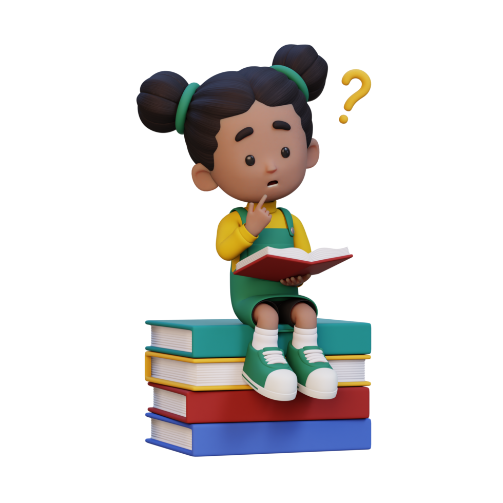 3D girl character get confused when reading a book png