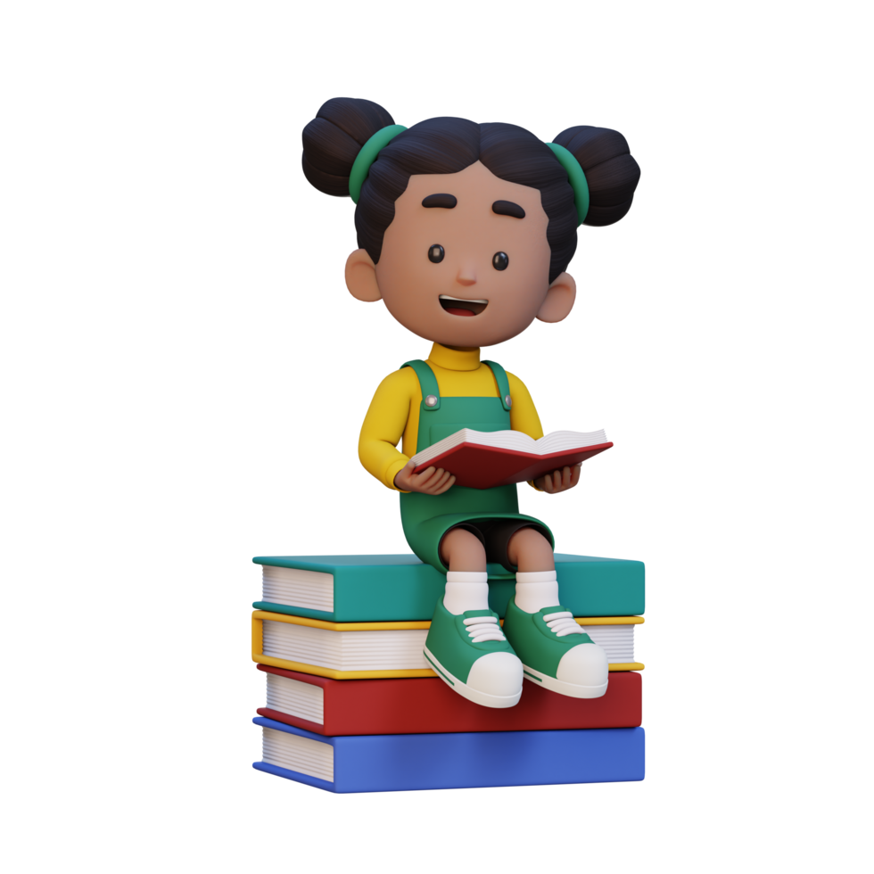 3D happy girl character reading book png