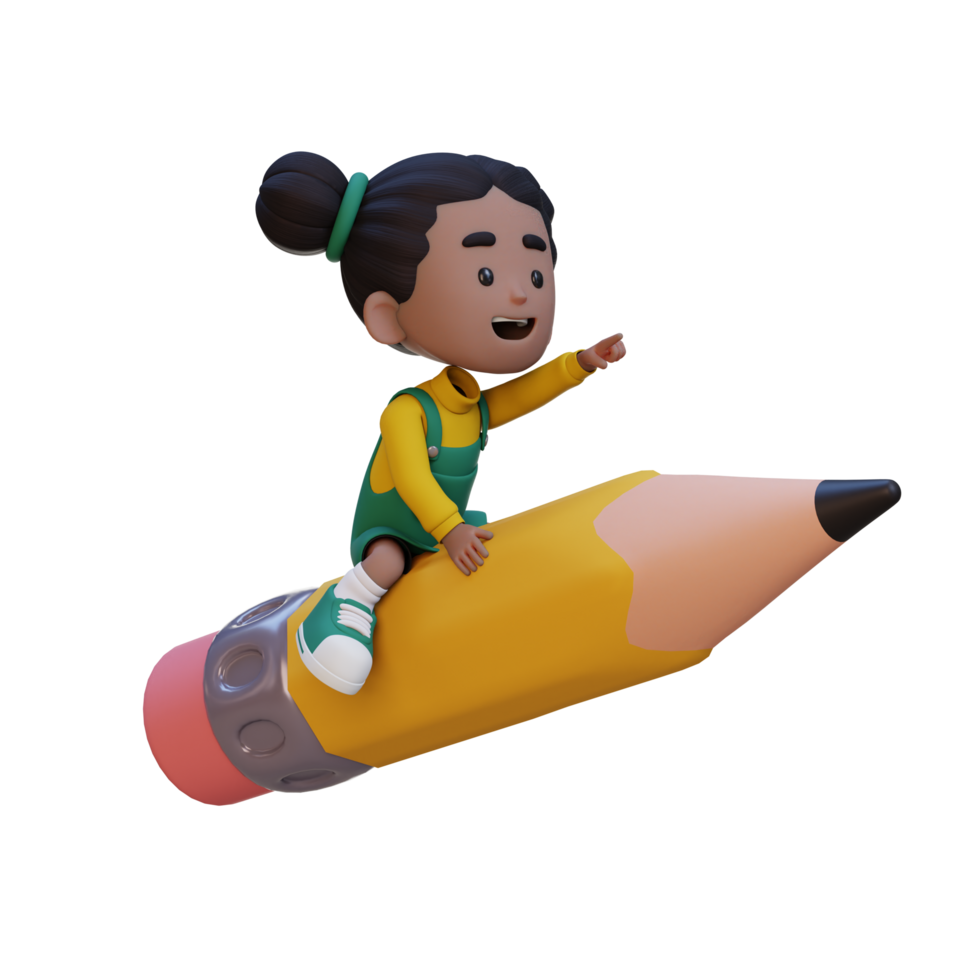 3D girl character riding a pencil and pointing hand png