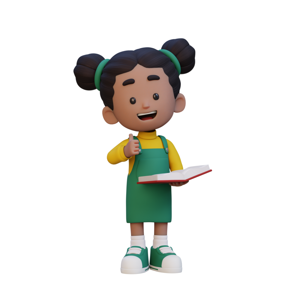 3D happy girl character reading book png