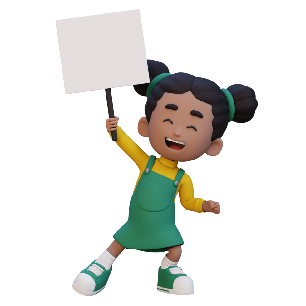 3D girl character holding a blank placard png
