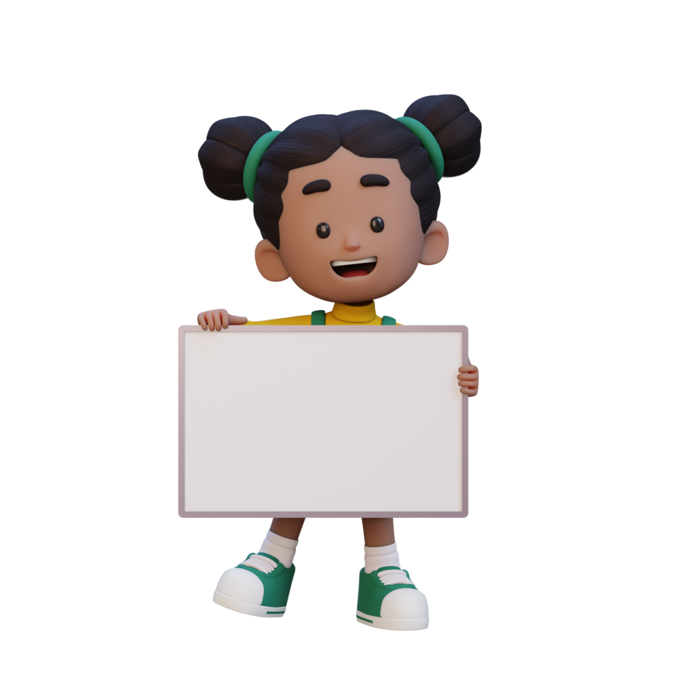 3D girl character holding a blank placard png