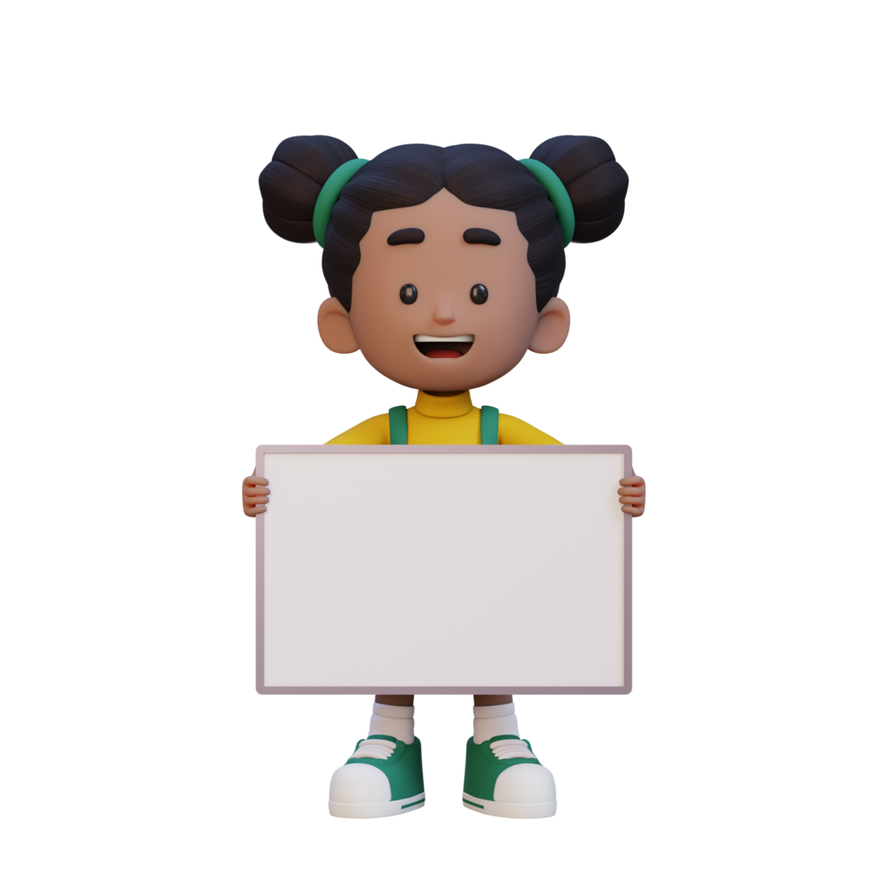3D girl character holding a blank placard png