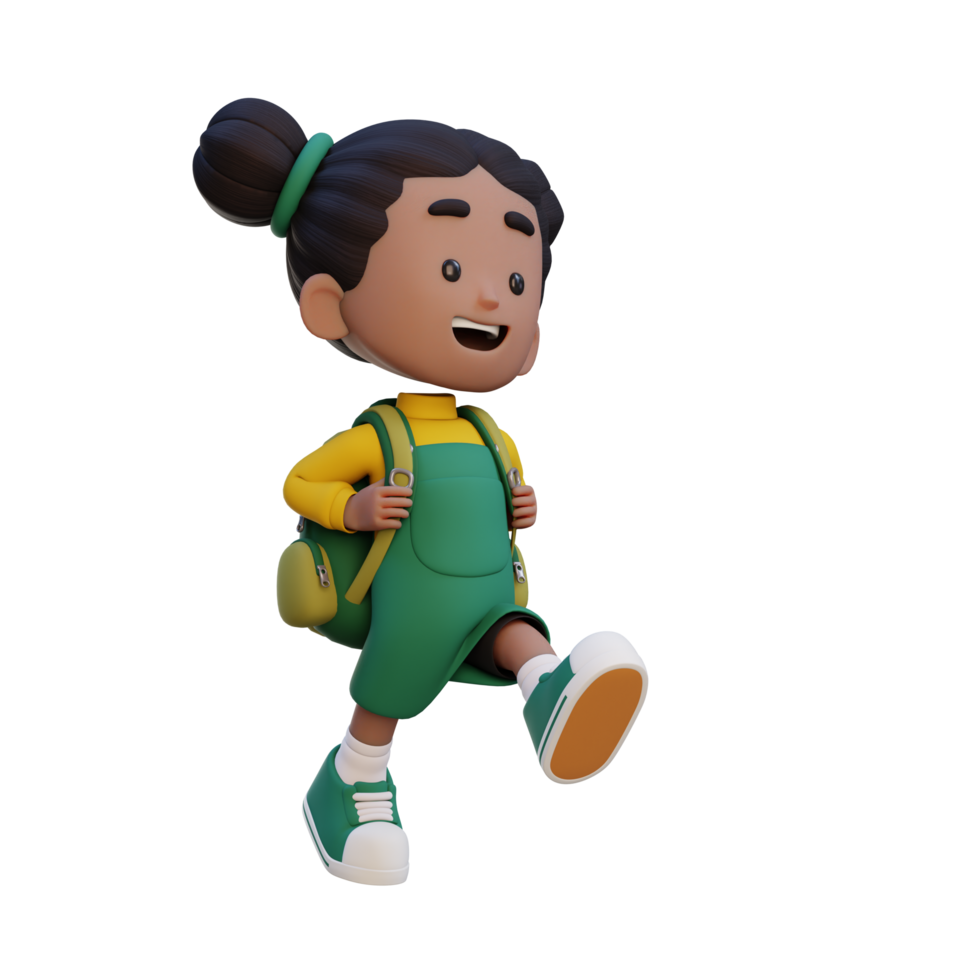 3d feliz menina personagem caminhando ir para escola segurando saco png