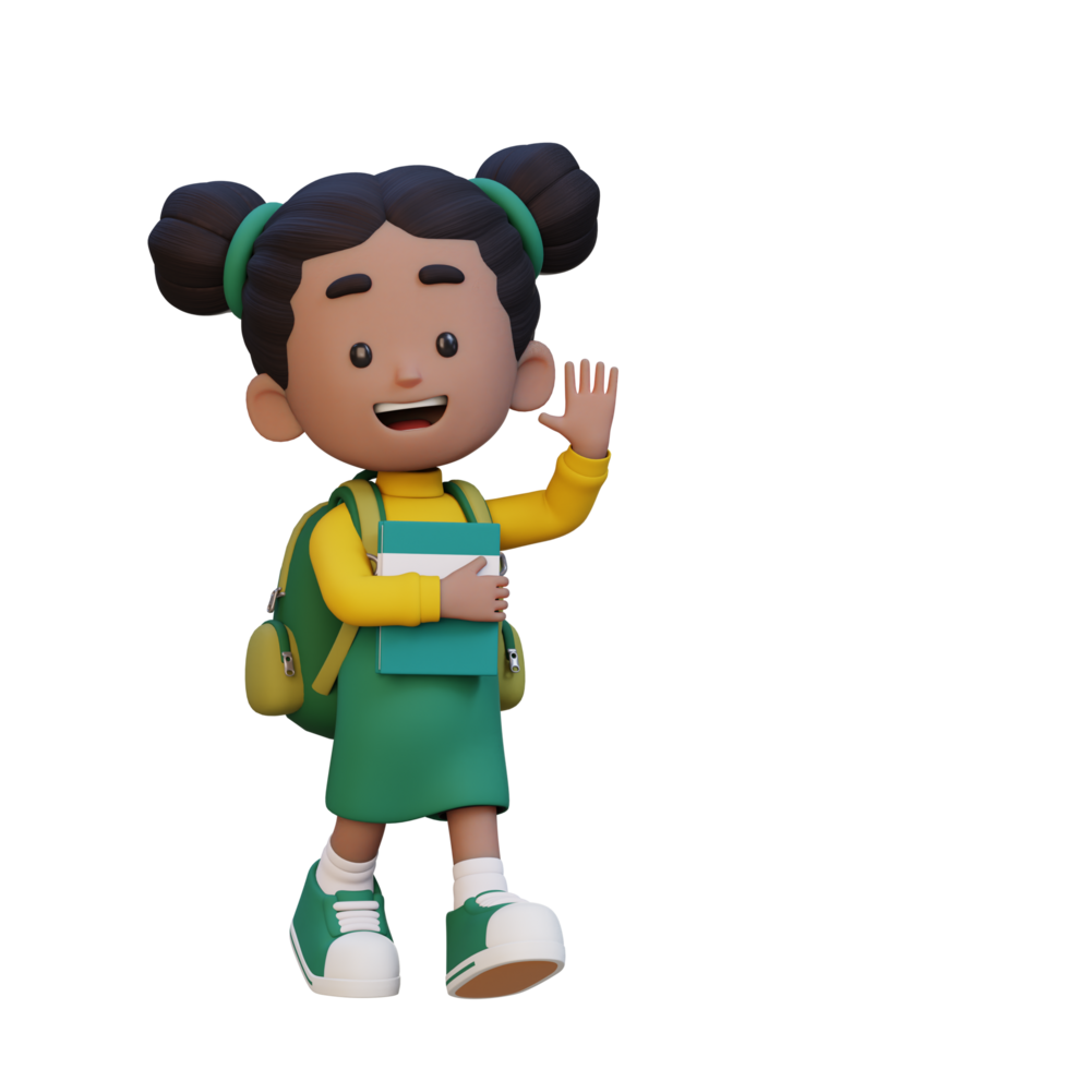 3D happy girl character walking go to school holding book and waving hand png