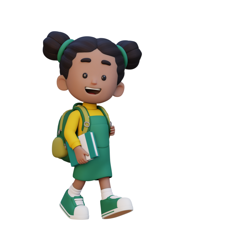 3D happy girl character walking go to school holding book png