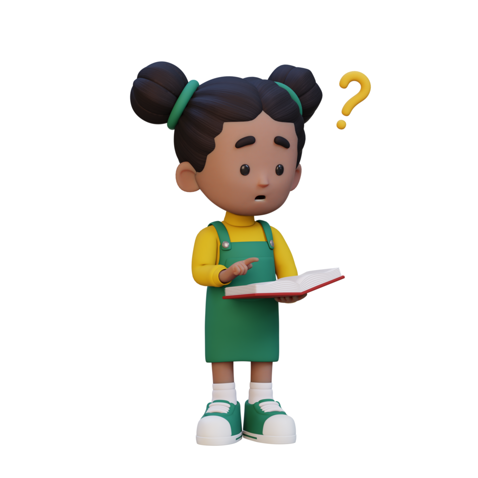 3D girl character get confused when reading a book png