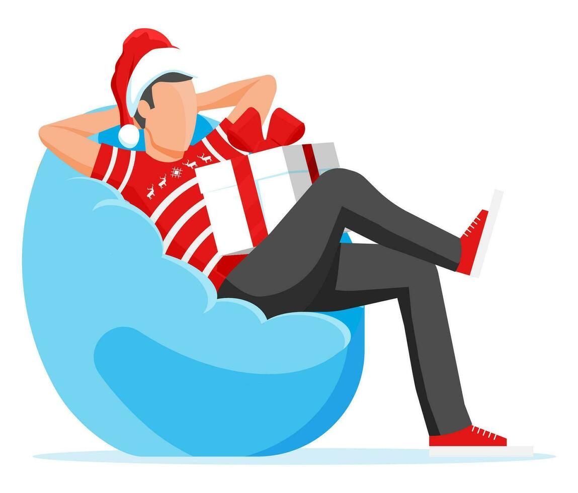 hombre sentado en frijol bolso participación regalo caja. masculino personaje con Navidad presente. contento nuevo año decoración. alegre Navidad día festivo. nuevo año y Navidad celebracion. plano vector ilustración