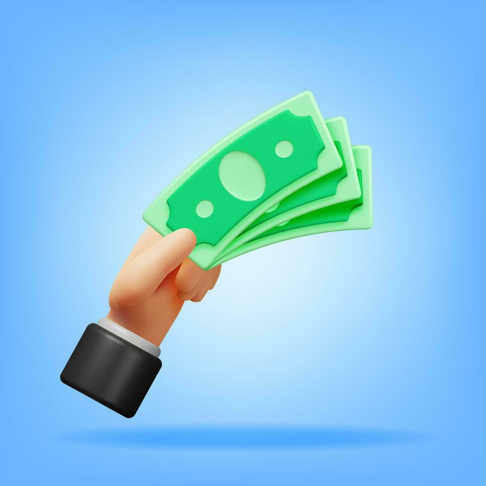 3D Hand Full of Dollar Banknotes Isolated. Render Money in Hand. Paper Cash Money. Growth, Income, Savings, Investment. Symbol of Wealth. Business Success. Vector illustration.