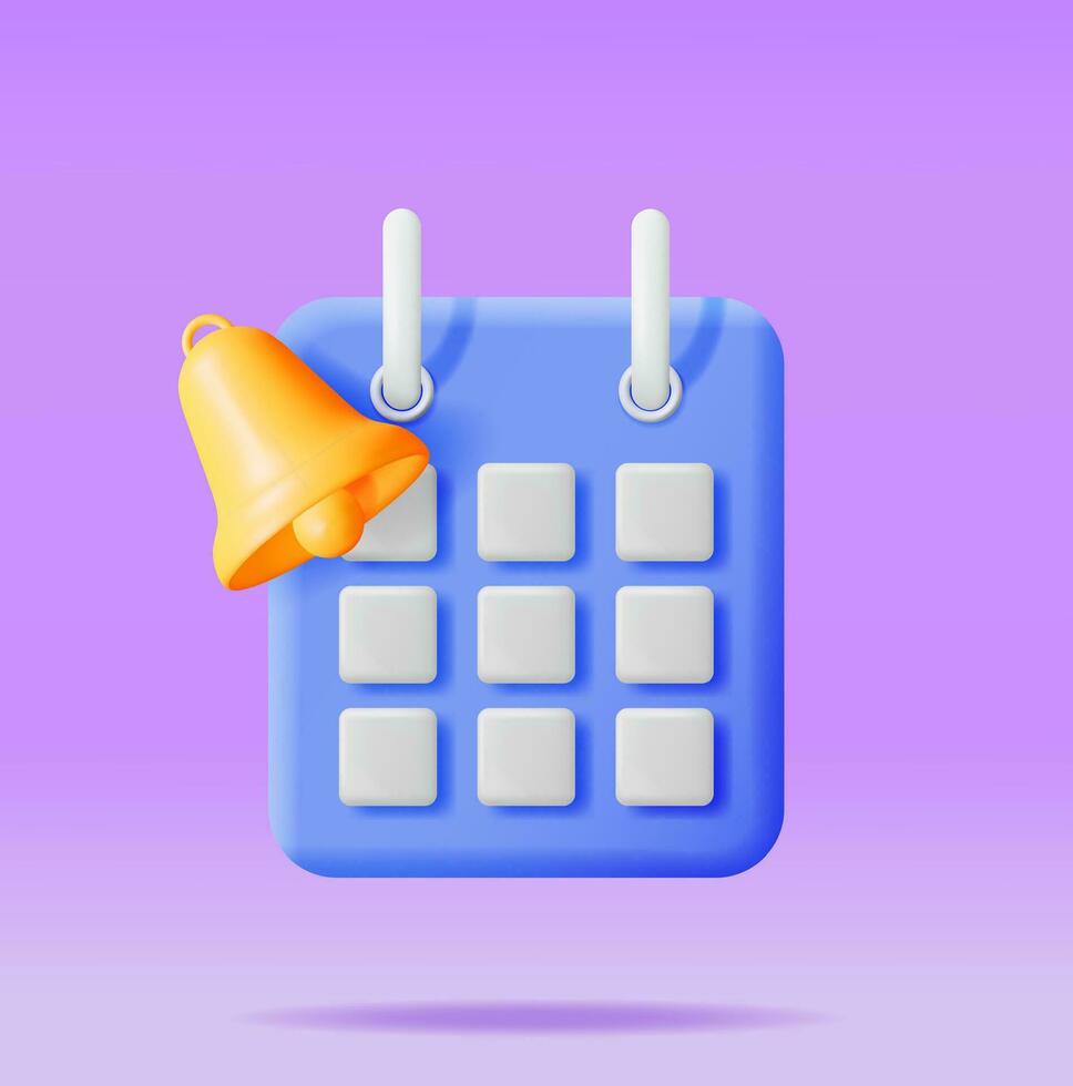 3D Calendar with Bell Alert Symbol Isolated. Render Calendar and Bell Icon. Schedule, Appointment, Organizer, Timesheet, Important Date. Reminder Notification Concept. Minimal Vector Illustration
