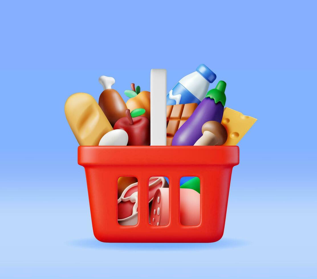 3D Shopping Plastic Basket with Fresh Products. Render Grocery Store, Supermarket. Food and Drinks. Milk, Vegetables, Meat Chicken, Cheese, Sausage, Salad, Bread Chocolate Egg. Vector illustration