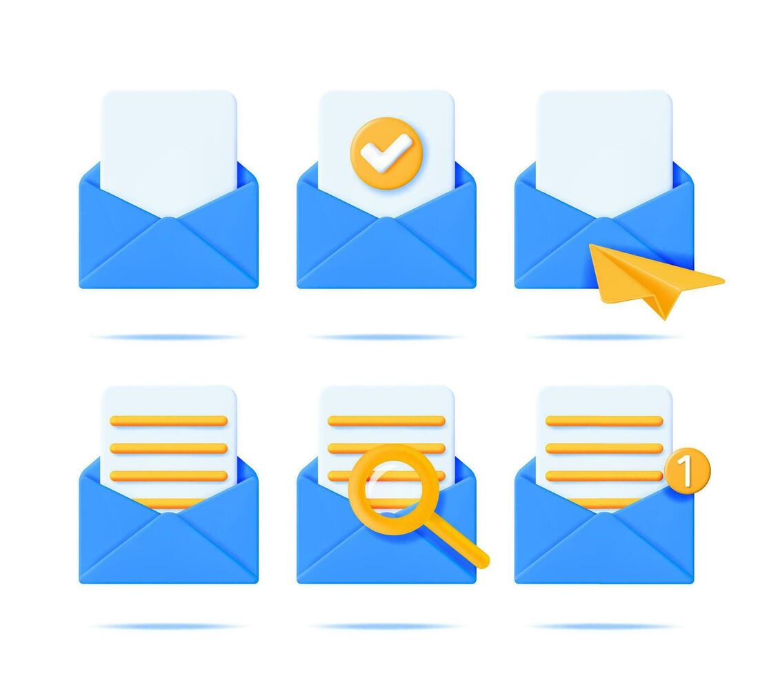 3d Blue Open Mail Envelope Icon Set Isolated. Checkmark, Magnifying Glass, Document, Paper Plane, Notification and Empty Email Letter Envelope. E-mail Collection. Vector Illustration