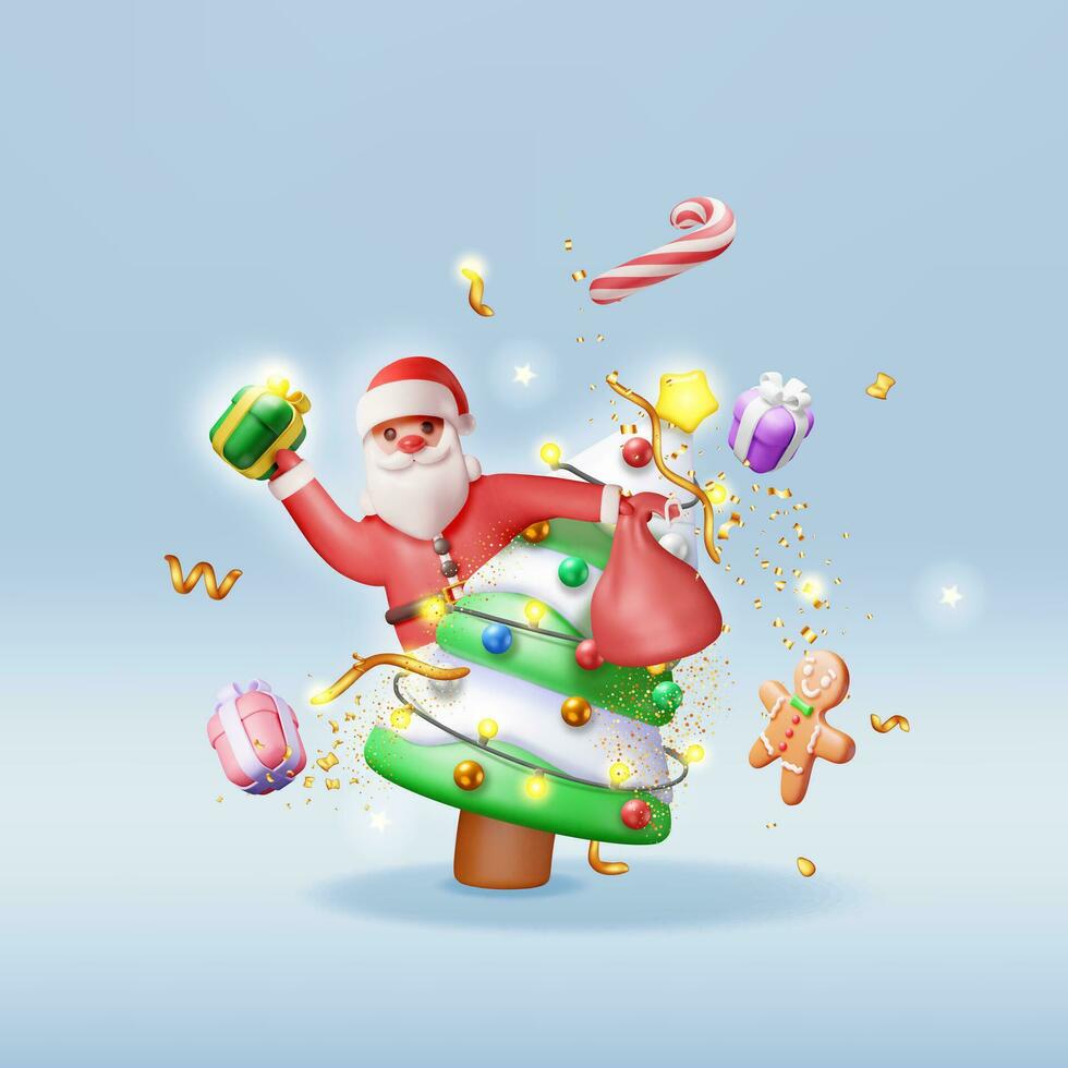 3D Santa Claus with Gift Bag and Christmas Tree. Render Happy New Year Decoration. Merry Christmas Holiday. New Year and Xmas Celebration. Realistic Vector Illustration