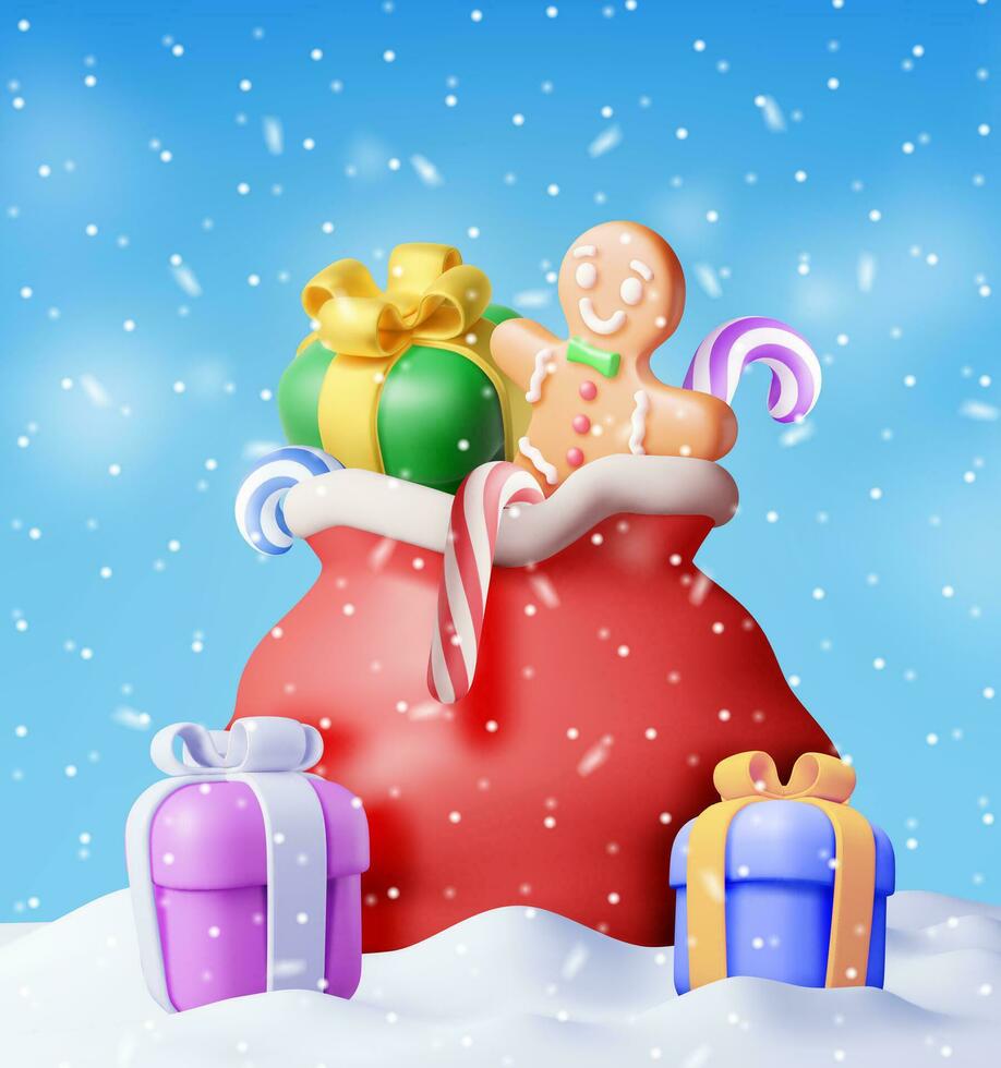 3d abierto Papa Noel claus saco lleno de regalos en nieve. hacer rojo paño bolso para presenta contento nuevo año decoración. alegre Navidad día festivo. nuevo año Navidad celebracion. realista vector ilustración