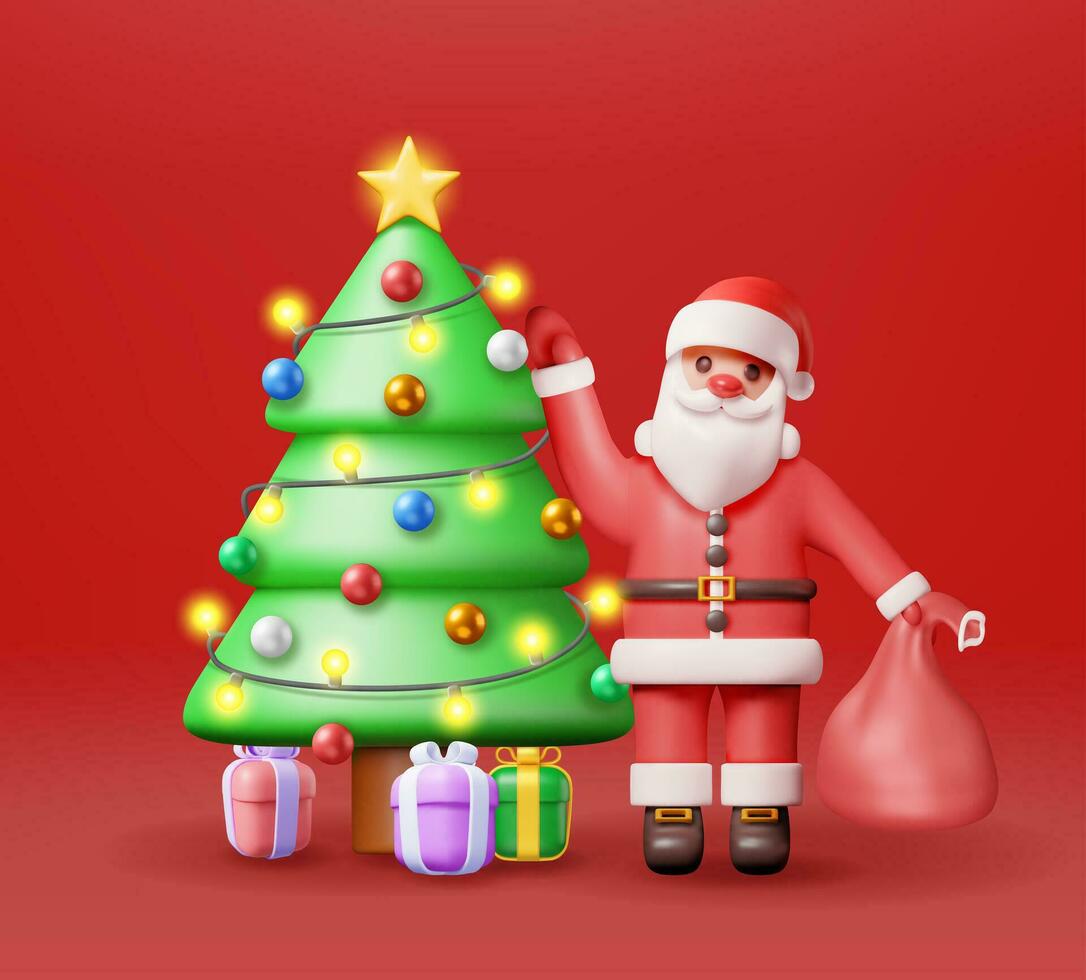 3D Santa Claus with Gift Bag and Christmas Tree. Render Happy New Year Decoration. Merry Christmas Holiday. New Year and Xmas Celebration. Realistic Vector Illustration