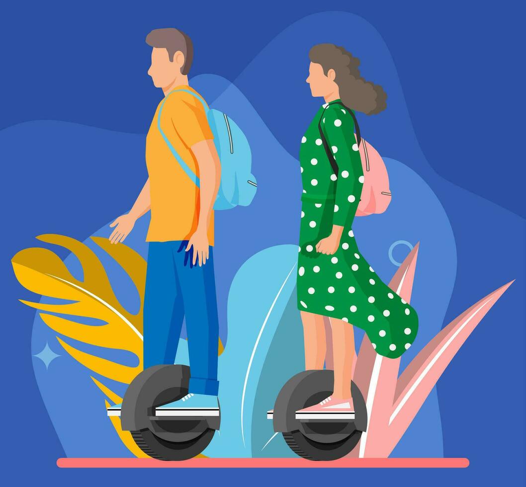 Man on monocycle wheel. Woman with backpack riding electric self balancing scooter. People characters uses modern urban transport. Ecological, convenient city transportation. Flat vector illustration