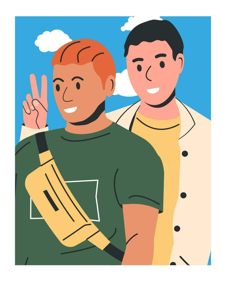 Pareja de elegante hombre tomando selfie juntos. amigos o gay Pareja en de moda casual ropa. chicos utilizando teléfono inteligente a tomar autofoto elegante masculino caracteres. plano vector ilustración