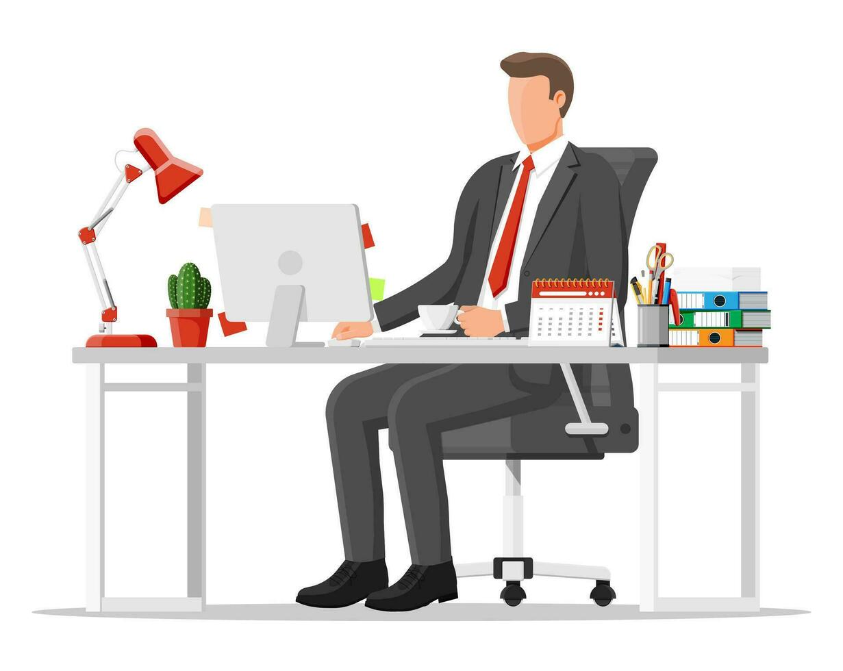Businessman at work. Modern creative office workspace. Workplace with computer, lamp, clock, books, coffee, calendar, chair, desk and stationery. Desk with business elements. Flat vector illustration