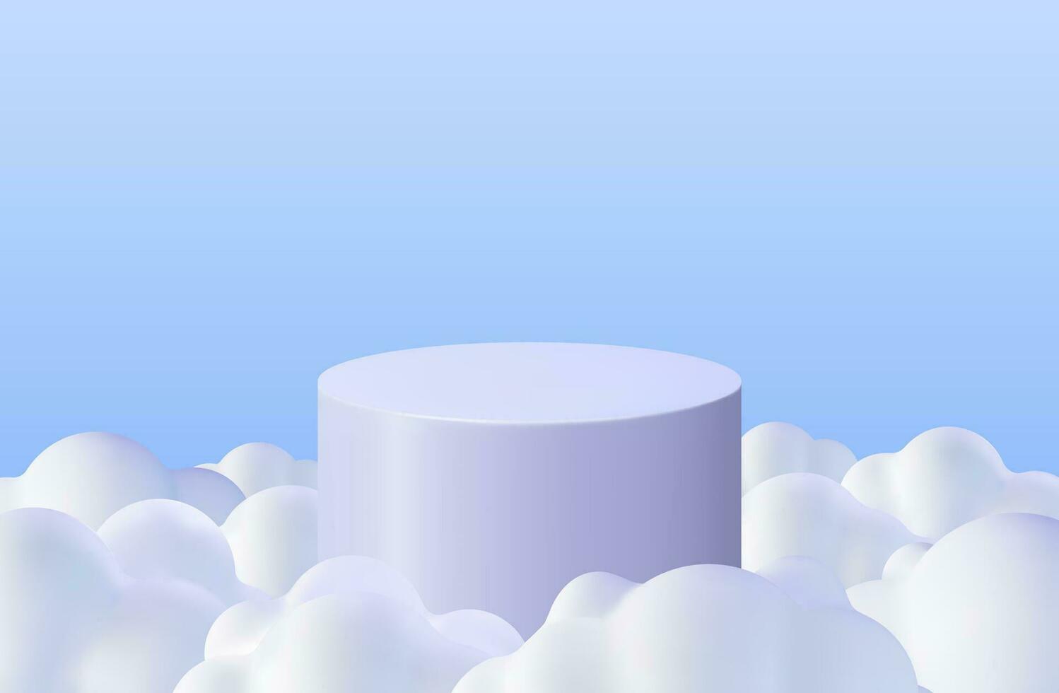 3D Blue Podium in Fluffy Clouds Background. Render Podium in Cloudy Scene. Abstract Platform in Blue Sky with Cartoon Clouds. Product Display Presentation Advertisement. Realistic Vector Illustration