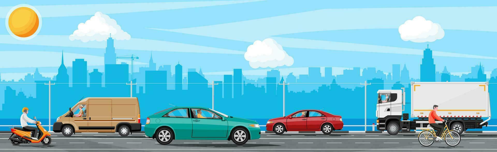 Suburb Road with Cargo Truck Trailer, Cars, Van and Motorbike. Road Over Building. Landscape. Cityscape Skyline Panorama. Suburban Transportation and Cargo. Flat Vector Illustration