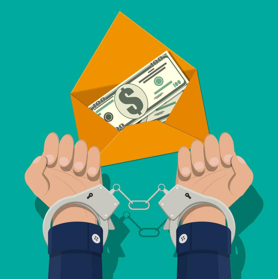 Hand in handcuffs with envelope full of money. Freedom for bribe. Hidden wages, salaries black payments, tax evasion, criminal andbribe. Anti corruption concept. Vector illustration in flat style