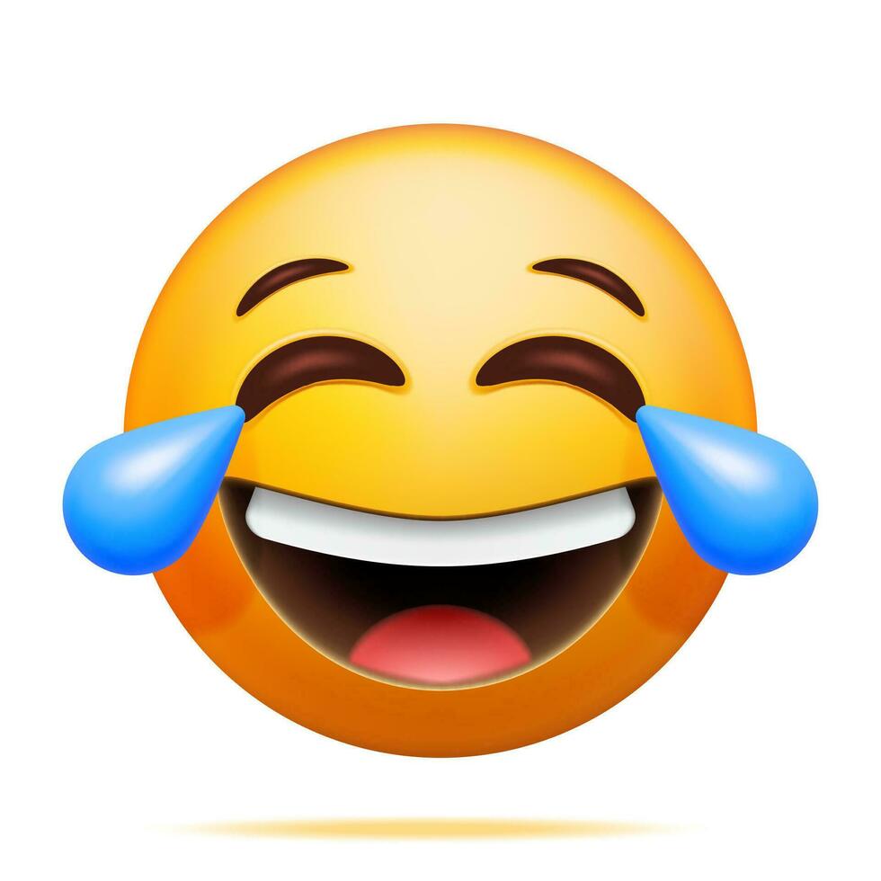 3D Yellow Laugh Emoticon with Tears Isolated. Render Laughing to Tears Smiling Emoji. Happy Lots of Laugh Face LOL. Communication, Web, Social Network Media, App Button. Realistic Vector Illustration