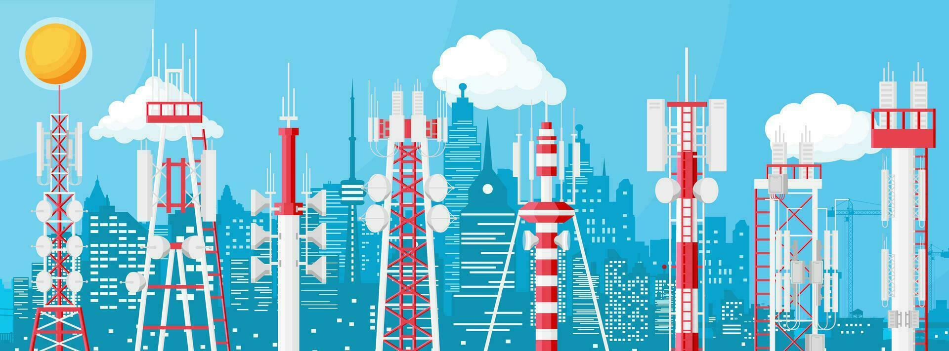 Transmission Cellular Tower Antenna Cityscape. Network Broadcast Equipment Isolated. Broadcasting, Internet, Television Cell Station. 4G 5G. Satellite Communication Antenna. Flat Vector Illustration