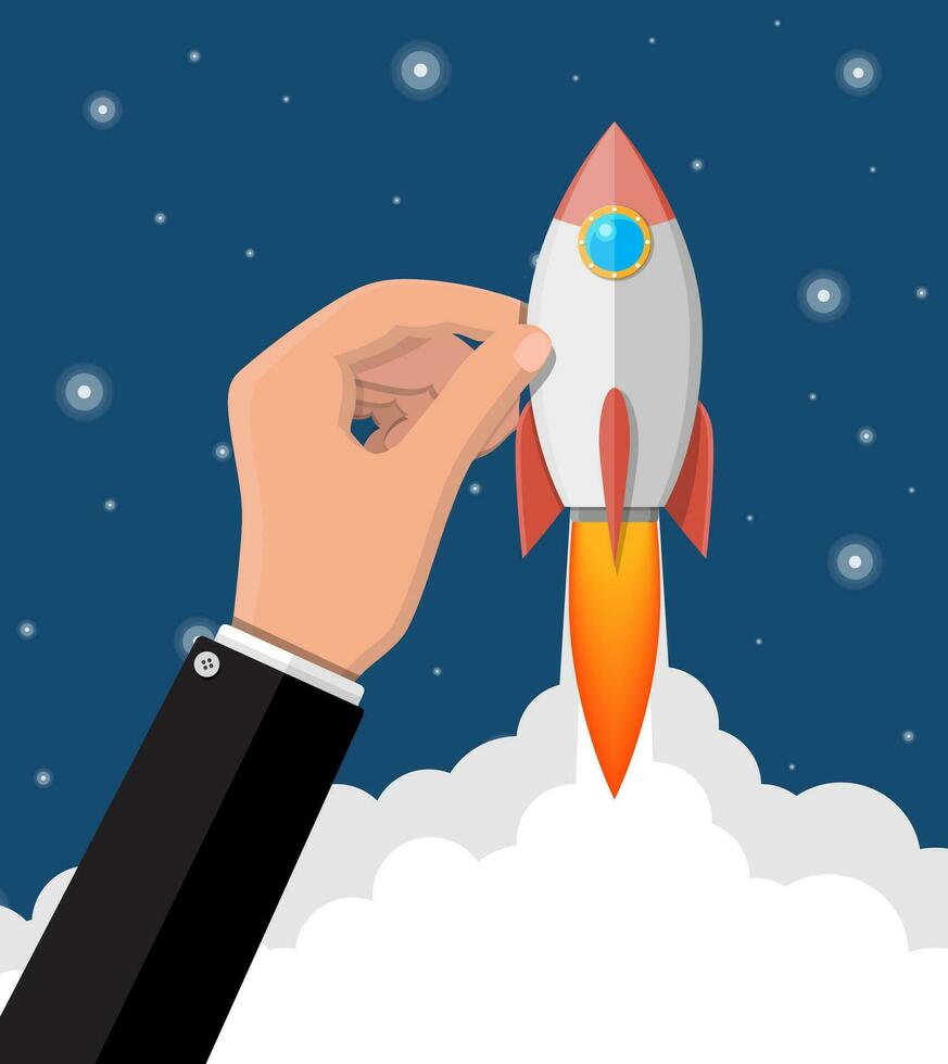 Cartoon rocket in the businessman hand. Space ship take off. Business startup concept. Vector illustration in flat style