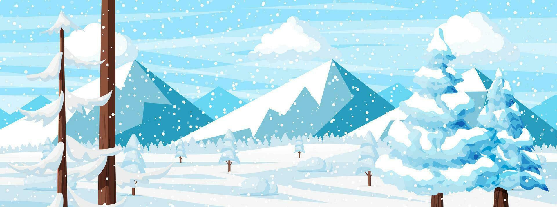 Winter Christmas Background. Pine Tree Wood and Snow. Winter Landscape with Fir Trees Forest, Mountain and Snowing. Happy New Year Celebration. New Year Xmas Holiday. Vector Illustration Flat Style