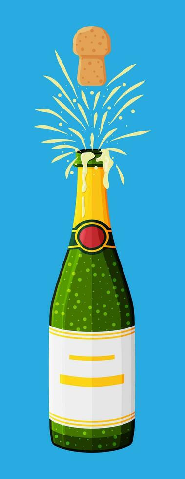 Champagne bottle opening with pop and cork flying. Champagne explosion, bottle pop and fizz. Concept of drinking party, birthday, wedding, christmas, new year celebration. Flat vector illustration