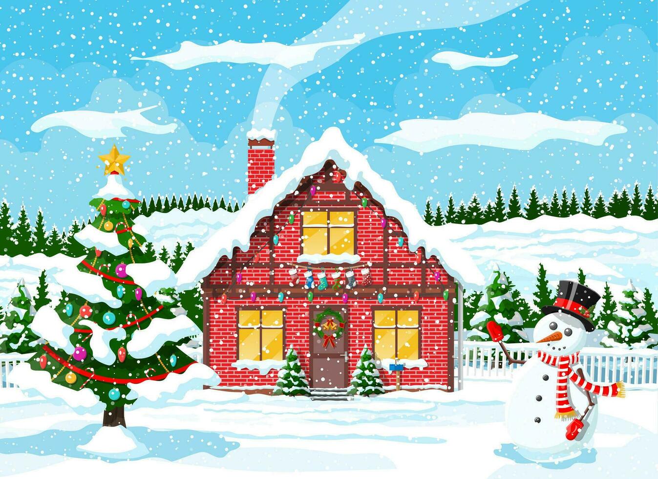 Suburban houses covered snow. Building in holiday ornament. Christmas landscape tree spruce, snowman. Happy new year decoration. Merry christmas holiday. New year xmas celebration. Vector illustration