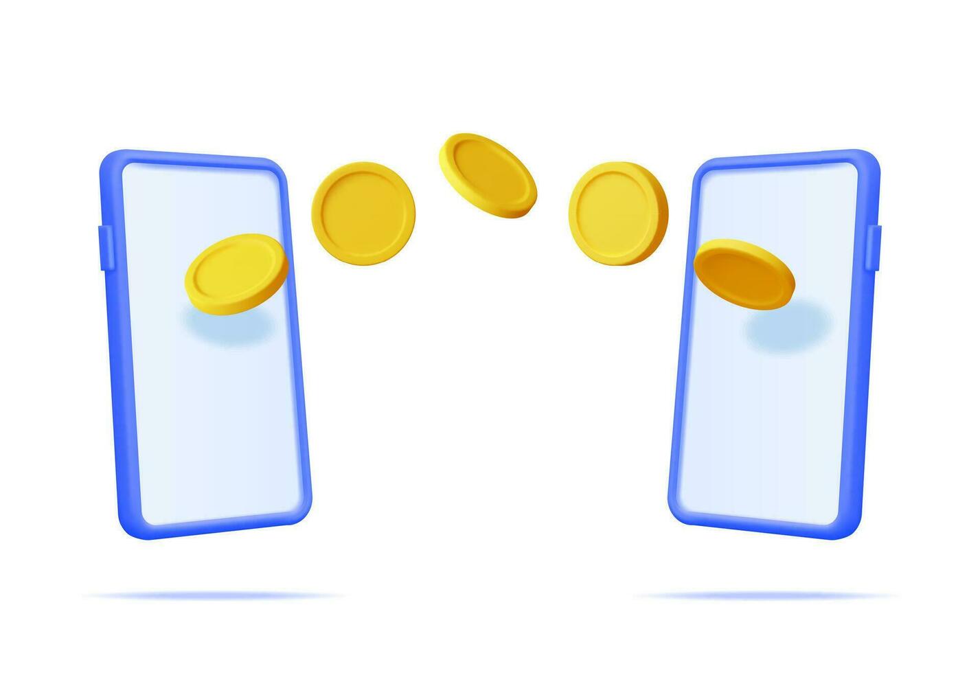 3D Flying Coins Between Two Smartphones. Render Money Transfer Concept. Sending and Receiving Money on Mobile Phone via Application. Mobile Banking, Money Exchange, Online Payment. Vector Illustration