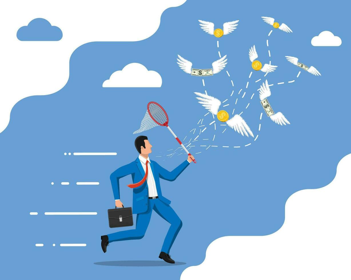 Running businessman with butterfly net chasing money is flying in air. Dollar banknotes and gold coins with wings. Concept of success career growth. Achievement and goal. Flat vector illustration