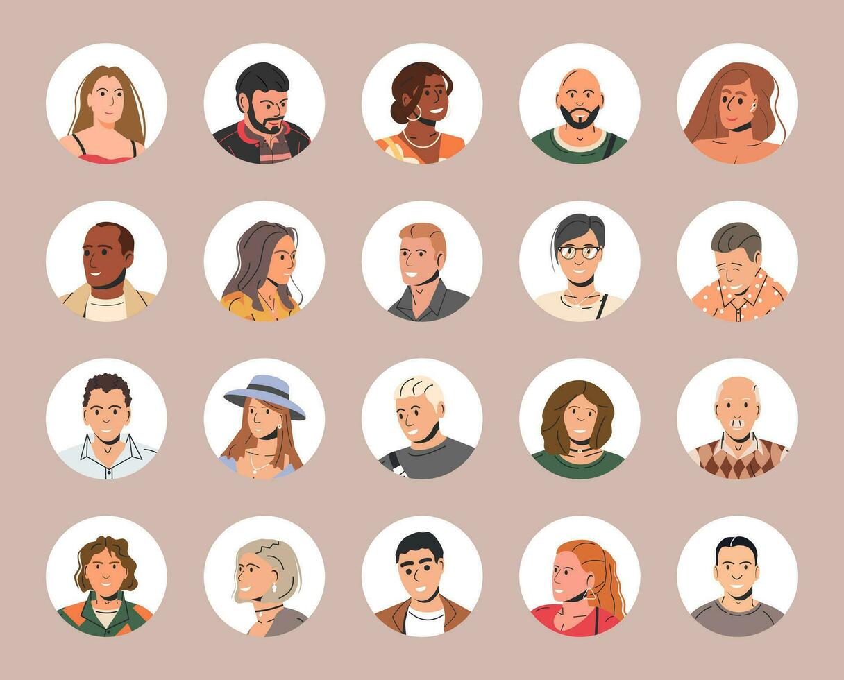 Different People Avatars. Set of Circle User Portraits. Male and Female Characters. Man and Woman in Trendy Outfit. Guys and Girls with Different Hairstyles and Ethnicities. Flat Vector Illustration