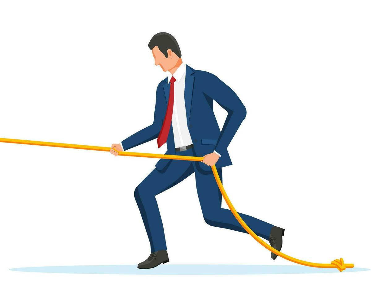 Businessman Pull of Rope. Man Tug of War. Business Target, Rivalry, Competition, Conflict. Struggle and Challenge. Achievement, Goal Success. Flat Vector Illustration