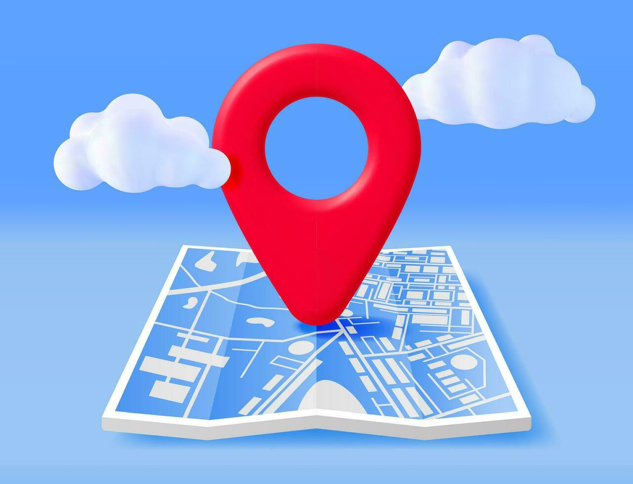 3D Location Folded Paper Map and Pin. Red GPS Pointer Marker Icon and Clouds. GPS and Navigation Symbol. Element for Map, Social Media, Mobile Apps. Realistic Vector Illustration