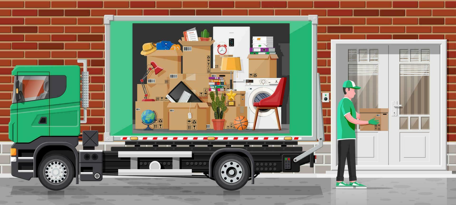 Moving to new house. Family relocated to new home. Male mover, paper cardboard boxes near house. Package for transportation. Delivery truck car, household items. Vector illustration in flat style