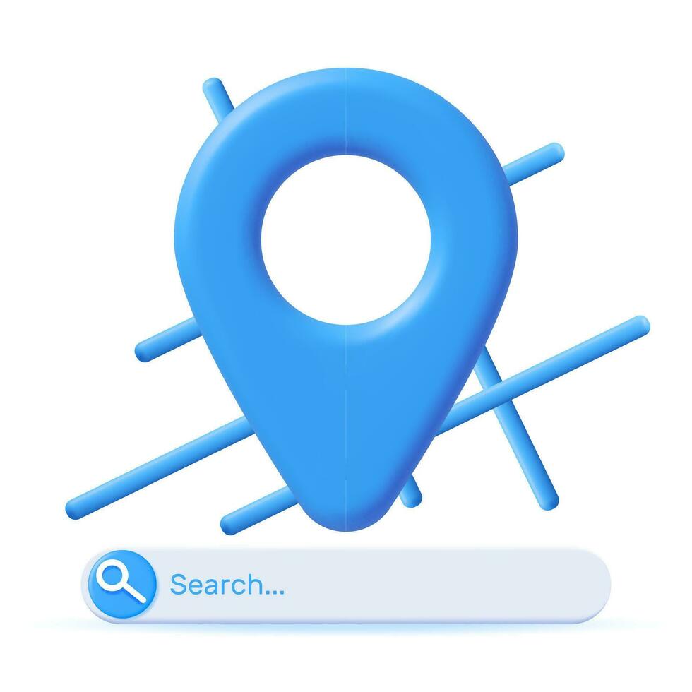 3D Location Map Pin with Search Bar Isolated on White. Blue GPS Pointer Marker Search Icon . GPS and Navigation Symbol. Element for Map, Social Media, Mobile Apps. Realistic Vector Illustration