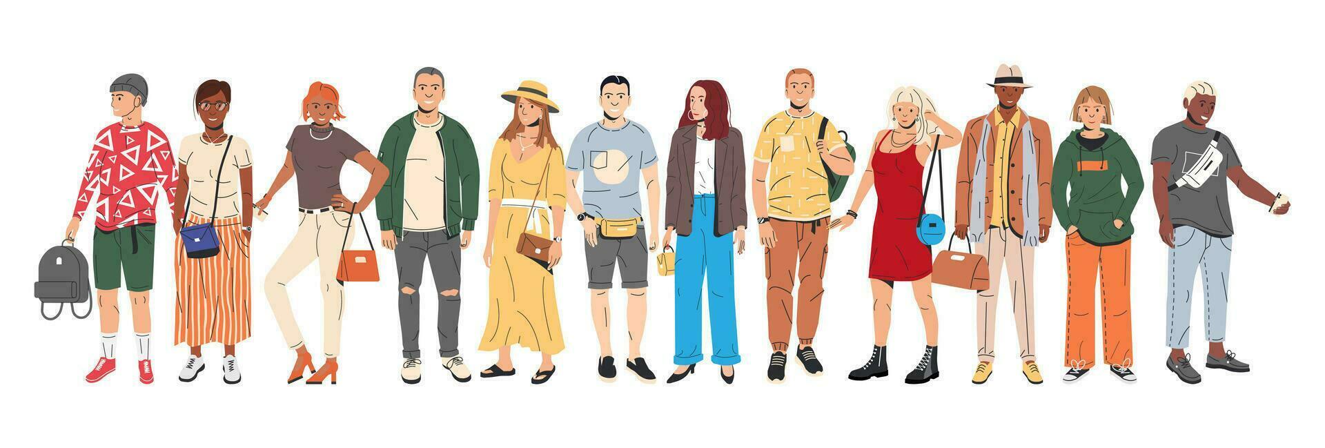 grupo de Moda personas caracteres. joven hombre y mujer en de moda atuendo en pie juntos. chicos y muchachas con diferente peinados y etnias en elegante casual ropa. plano vector ilustración