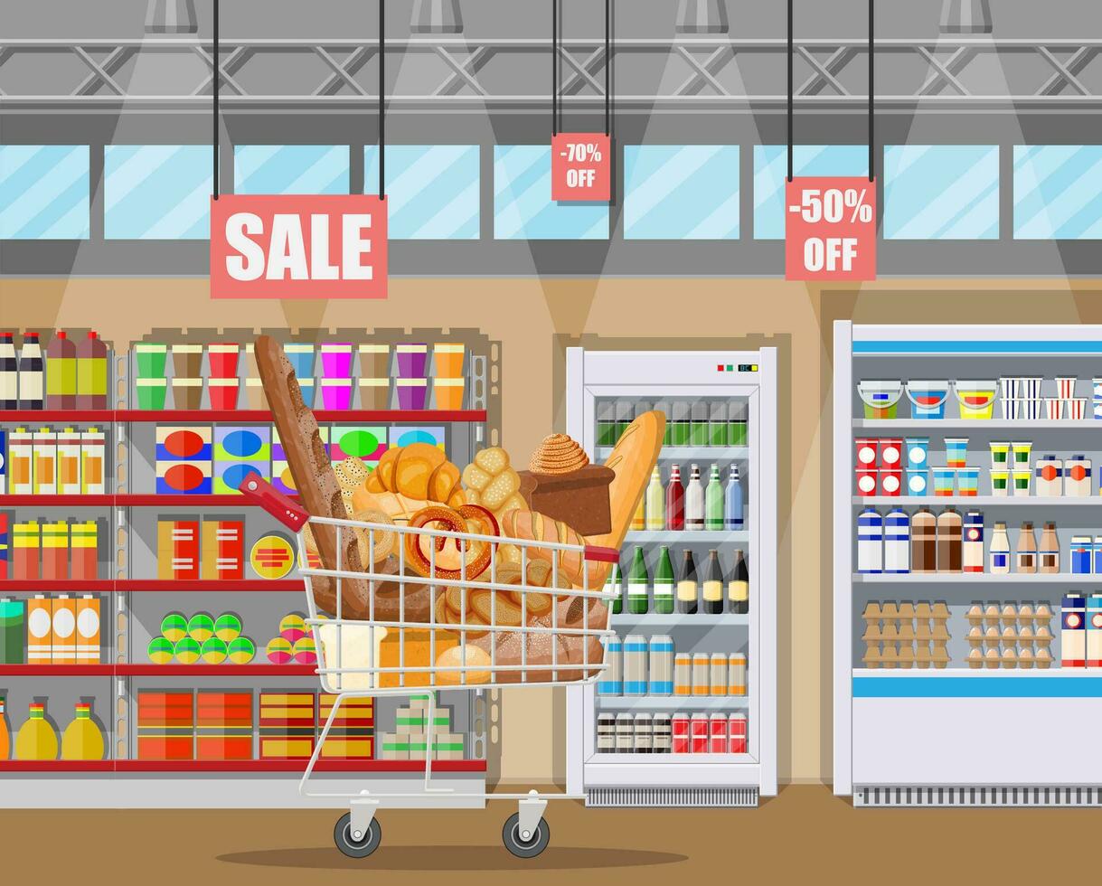 Bread products in shopping cart supermarket interior. Whole grain, wheat and rye bread, toast, pretzel, ciabatta, croissant, bagel, french baguette, cinnamon bun. Flat vector illustration