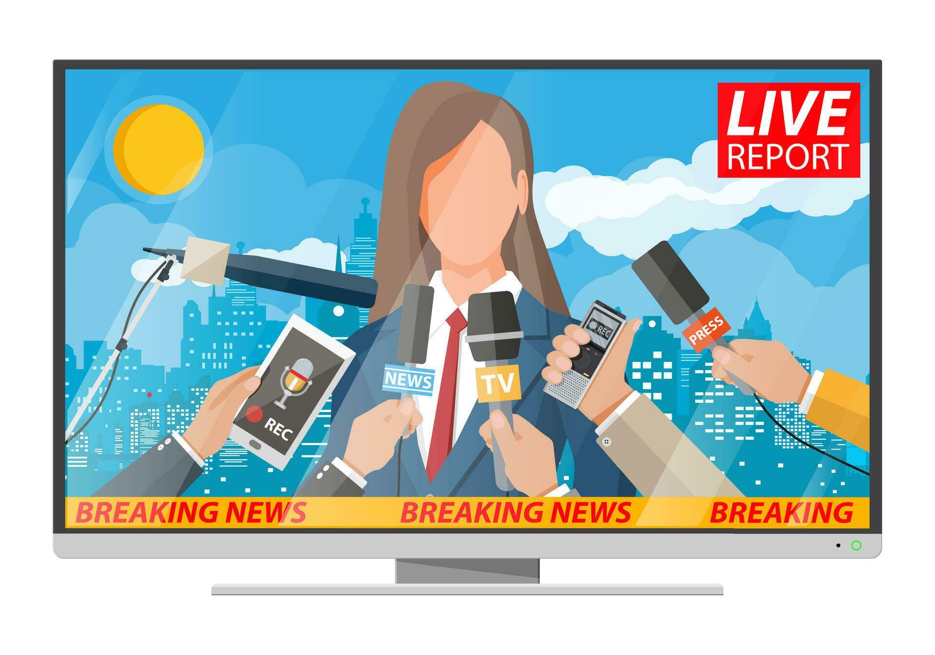 Woman public speaker. Live report. Hands of journalists with