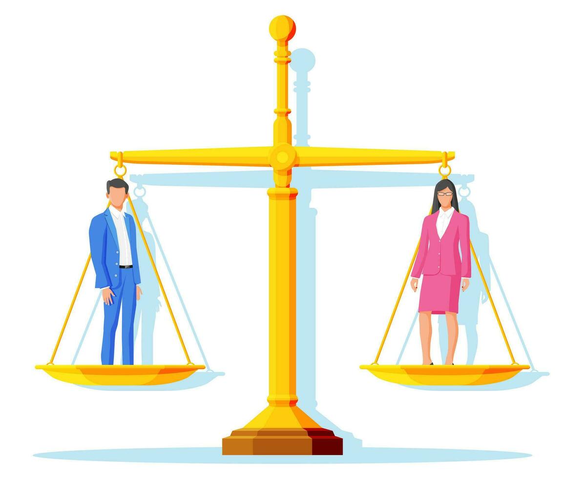 Woman and man in pink and blue suit as gender symbol balanced on weight. Gender and sexual equality concept. Male and female sex symbol on scales. Neutrality between people. Flat vector illustration