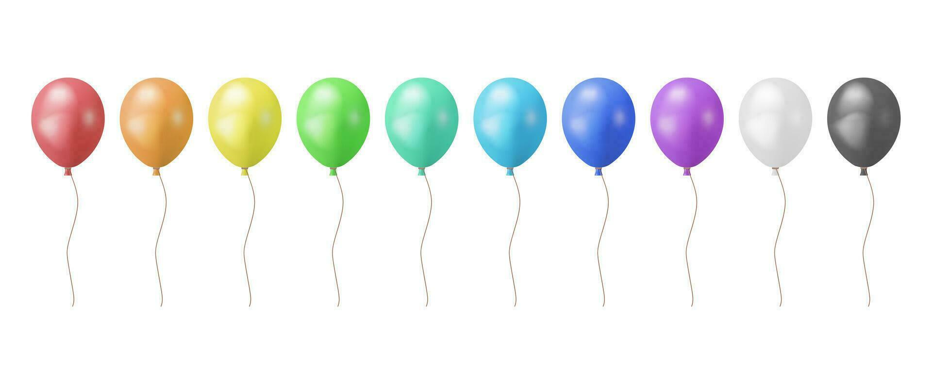 3D set of Balloon Isolated on White Background. Render Realistic Helium Balloons in Red, Yellow, Green, Blue, Black and White Color. Template for Anniversary, Birthday Party. Vector Illustration