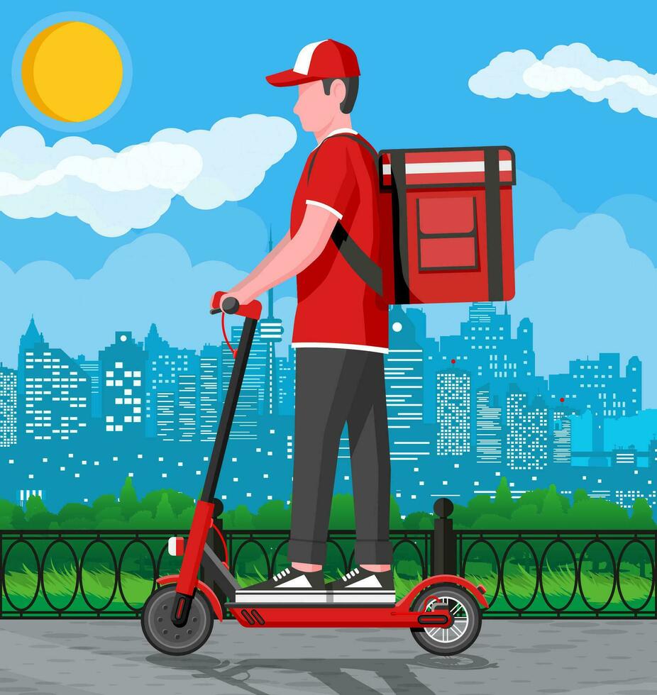 entrega hombre montando patada scooter con el caja. concepto de rápido entrega en el ciudad. masculino mensajero con paquete o empaquetar caja en su espalda con bienes y productos paisaje urbano antecedentes. plano vector ilustración