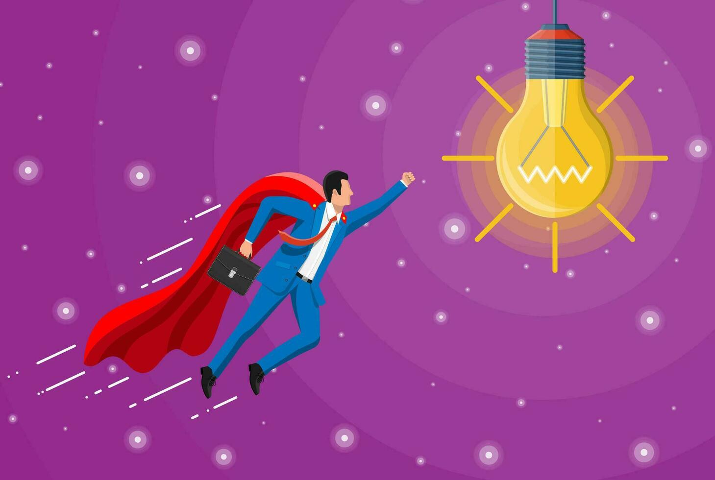 Super businessman in red cape flying to idea light bulb. Concept of creative idea or inspiration, business start up. Glass bulb with spiral in flat style. Vector illustration