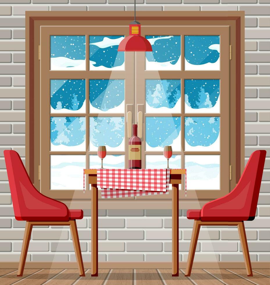 Interior of house dining room, table with chairs and lamp. Restaurant or cafe, bottle of wine and glasses. Romantic date concept. Furniture in cozy winter interior. Cartoon flat vector illustration.