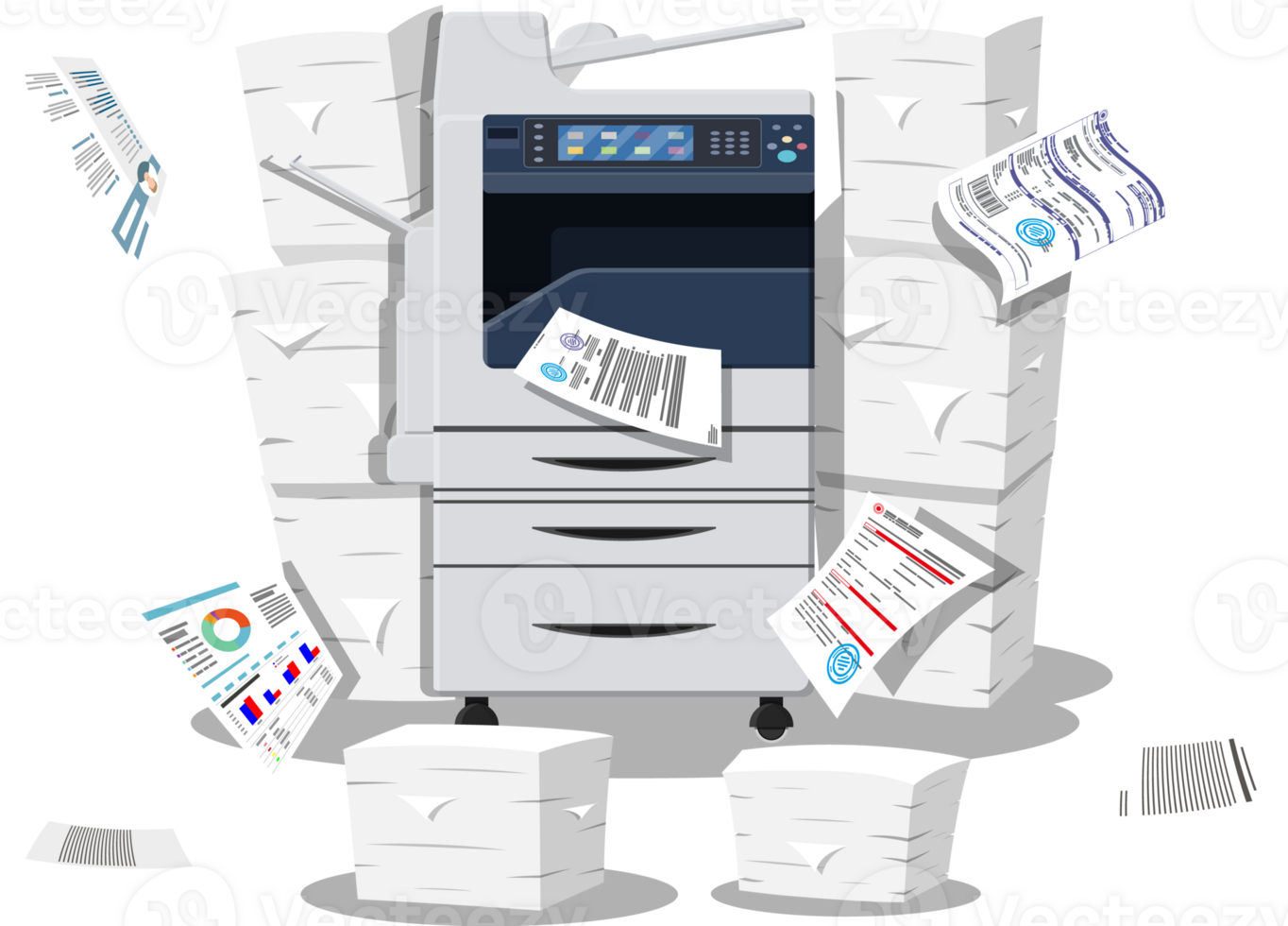 Pile of paper documents and printer png