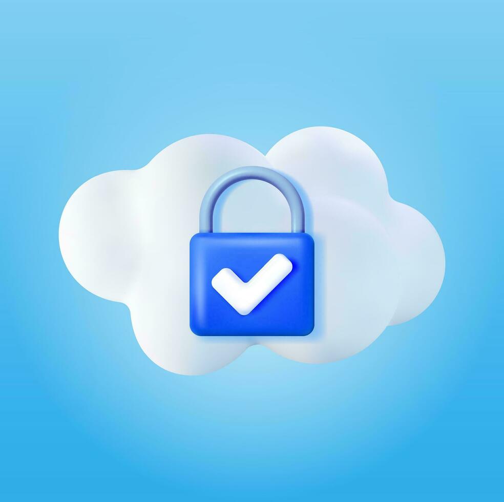 3d blanco nube con bloqueado candado. hacer nube con almohadilla bloquear icono. concepto de nube datos proteccion, seguridad y confidencialidad seguridad, cifrado y privacidad. vector ilustración